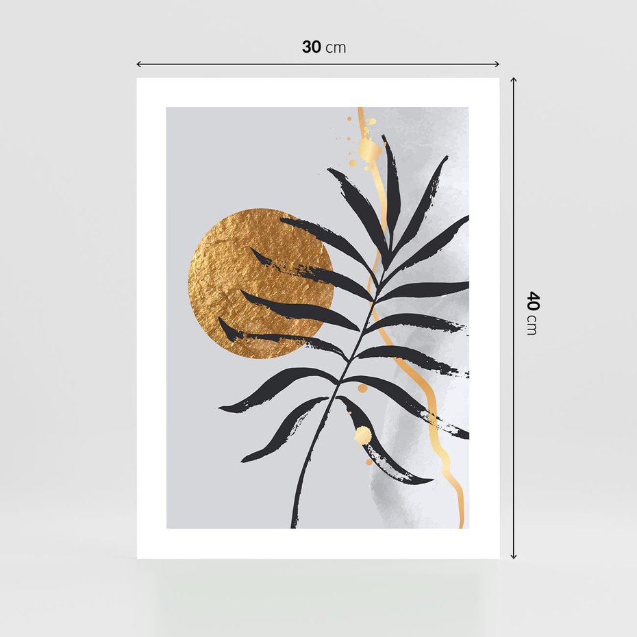 Plakat bez ramy 30x40 - Grafika z Czarnym Liściem Palmy - czarny liść palmy, złóte kołó