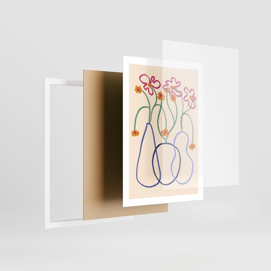 Plakat w ramie 50x70 - Migocące Pastelowe Impresje - minimalistyczny abstrakcyjny obraz, prymitywne kwiatki - rama biała