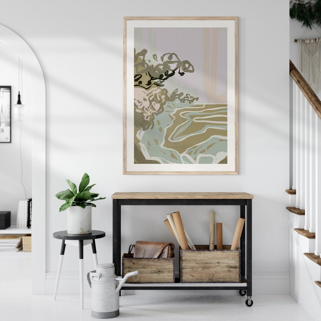 Plakat w ramie 40x50 - Wizja Przestrzeni - pastelowy krajobraz, nowoczesny plakat - rama drewno