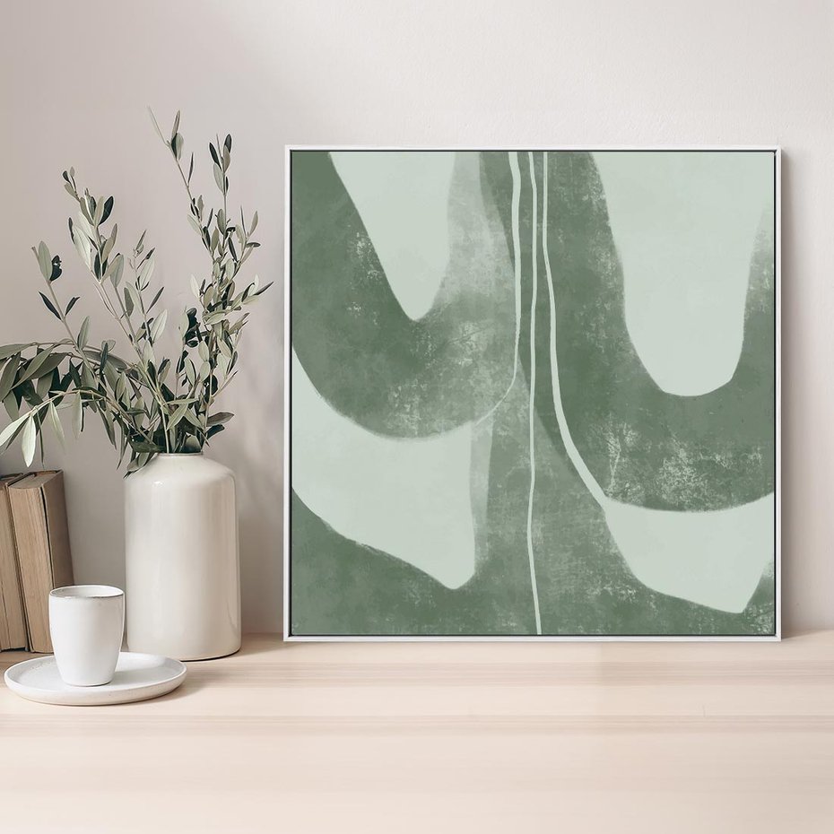 Obraz w ramie 50x50 - Nurtująca Kompozycja Zieleni - abstrakcyjne delikatne zielone linie, podobne do gałęzi kwiatów - rama biała