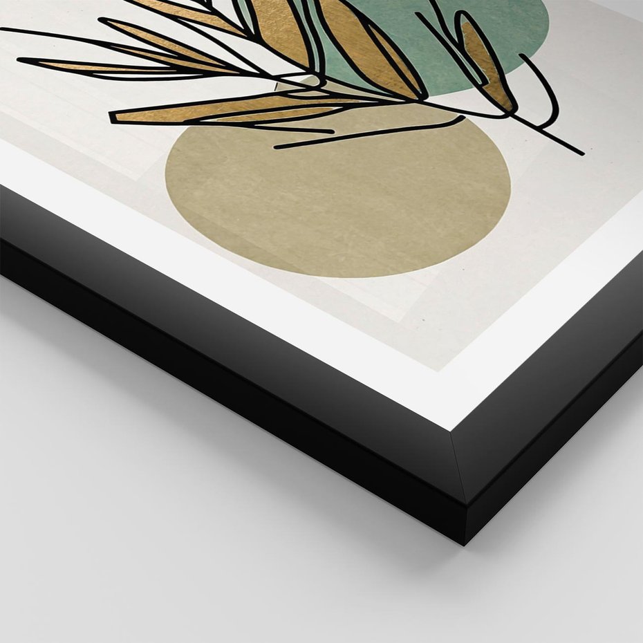 Plakat w ramie 50x70 - Migocące Ścieżki Wizji - abstrakcyjny obraz boho, liście - rama czarna