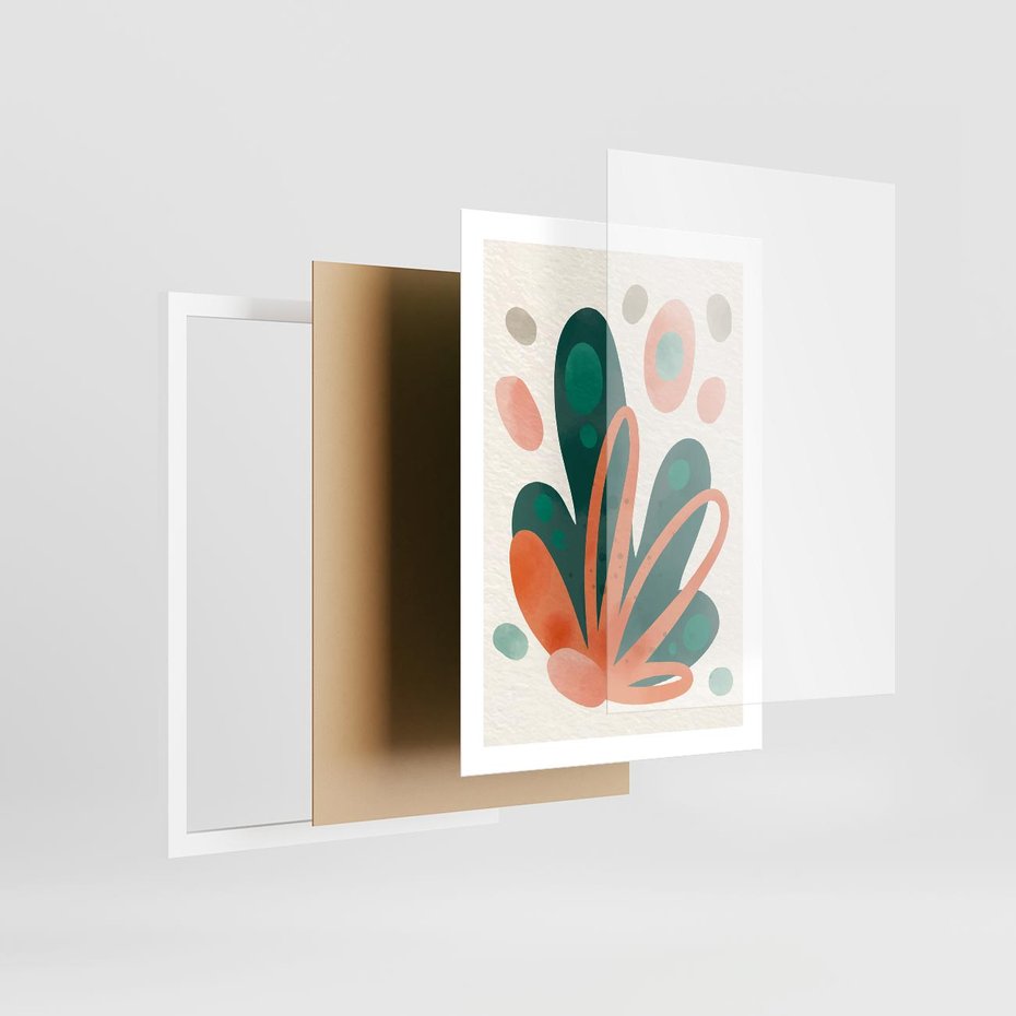 Plakat w ramie 50x70 - Harmonia bez Harmonii - akwarelowe abstrakcyjne kształty, zieleń i pomarańcz - rama biała