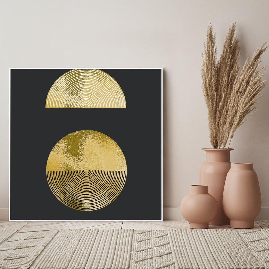 Obraz w ramie 50x50 - Migotliwe Przeniknięcia - złote koła, czarne tło - rama biała