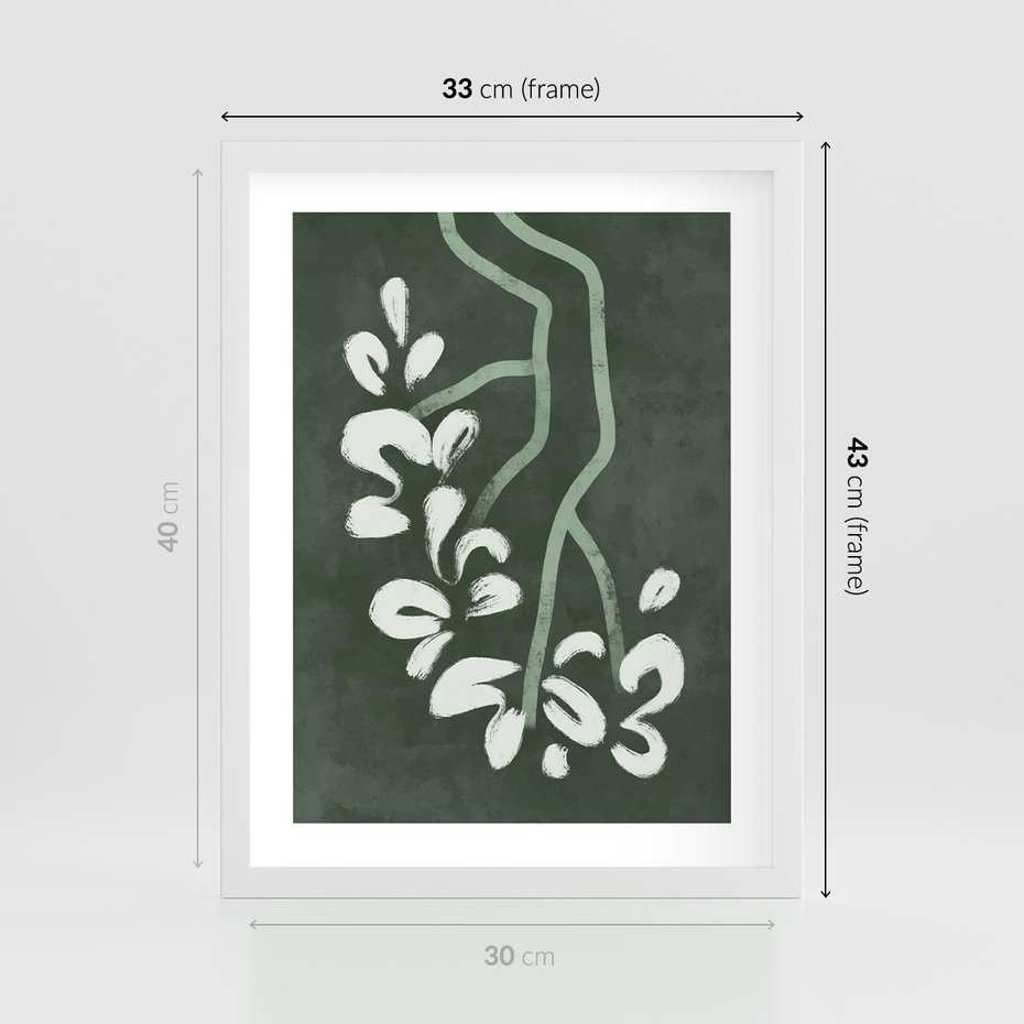 Plakat w ramie 30x40 - Rozkwitające Zielone Gałęzie - abstrakcyjne delikatne zielone linie, podobne do gałęzi kwiatów - rama biała