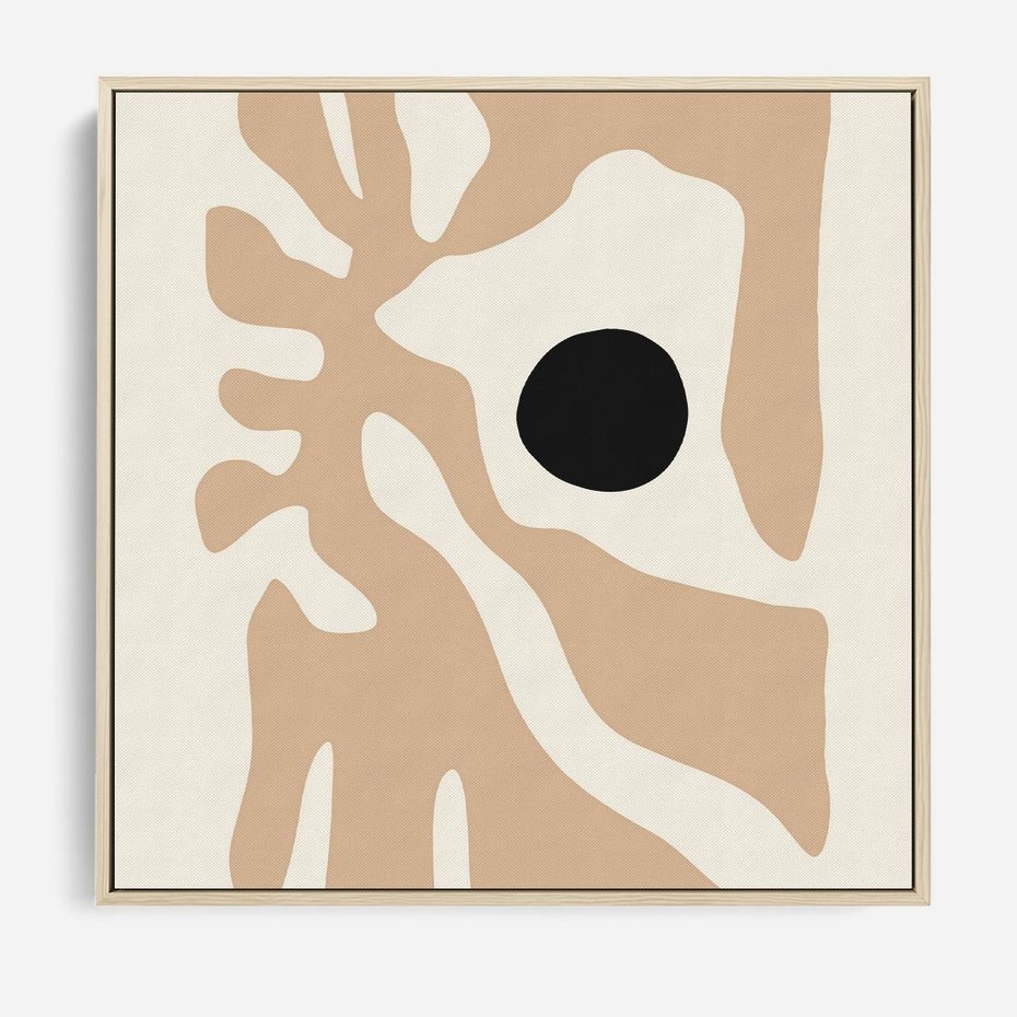 Obraz w ramie 50x50 - Eksploracja Abstrakcji - beżowa absrakcyjna kompozycja, czarny akcent - rama drewno