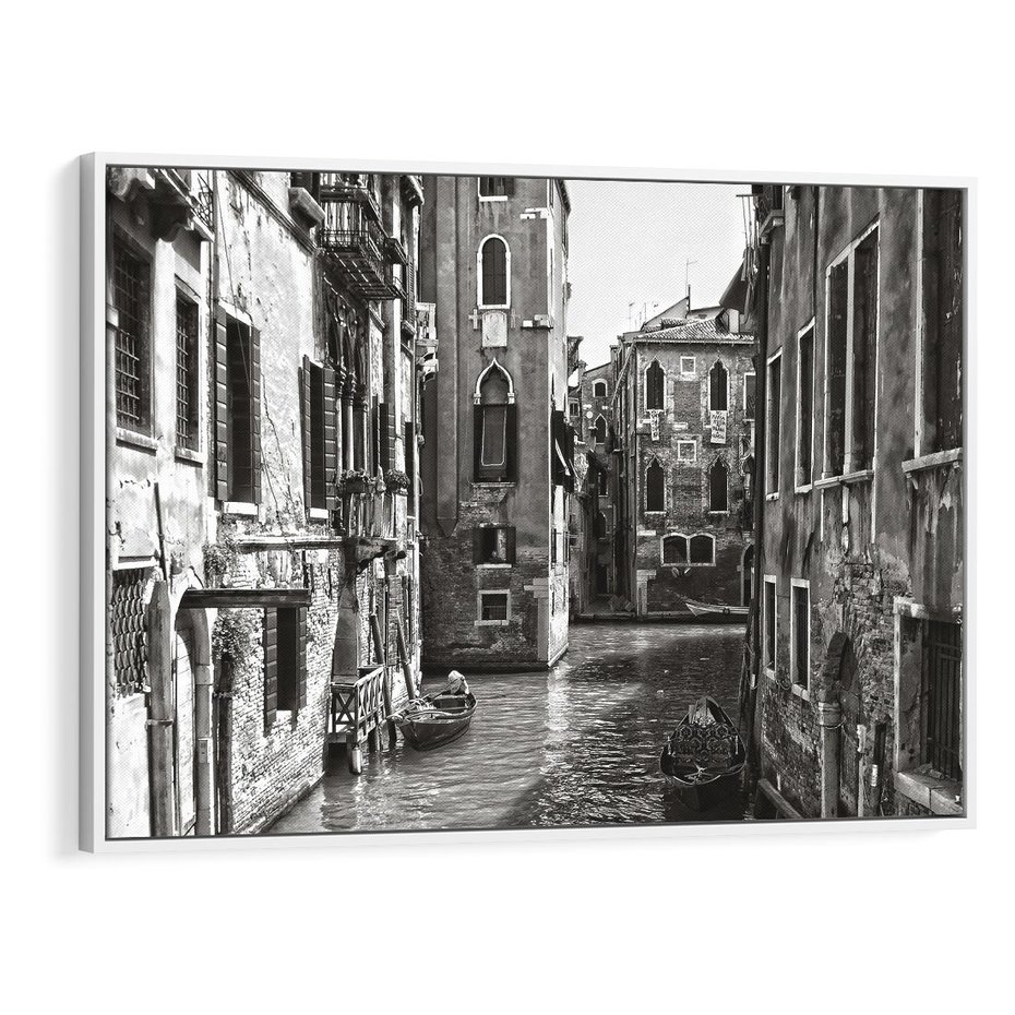 Obraz w ramie 120x80 - Weneckie Kanały - czarno białe zdjęcie, wenecja - rama biała