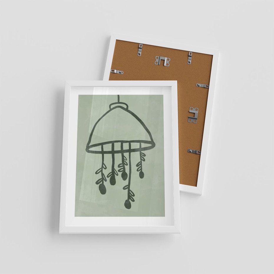 Plakat w ramie 30x40 - Zieleń Inspirującego Spokoju - plakat z abstrakcyjną zieloną lampą, skandynawski design - rama biała