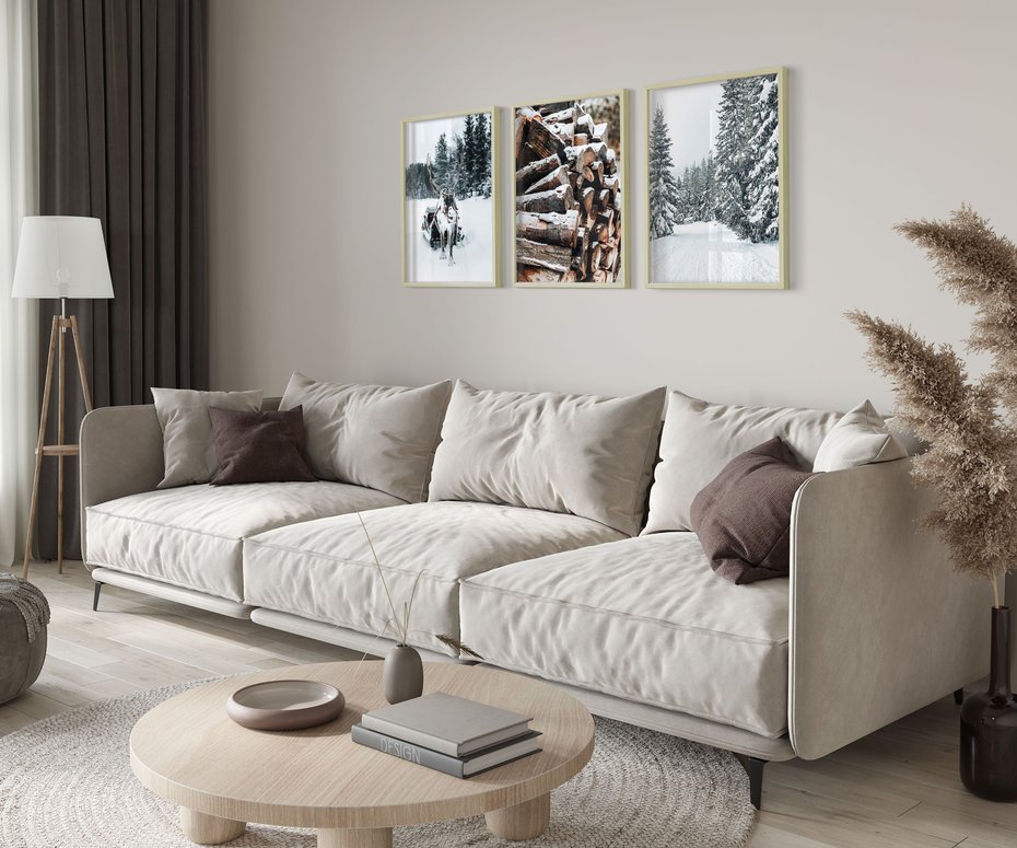 Zestaw obrazy w ramie 30x40 galeria - Zima, las, renifer, krajobraz - rama drewno