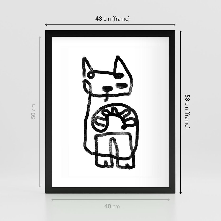 Plakat w ramie 40x50 - Portret Kociej Duszy - szkic kota, prymitywizm - rama czarna