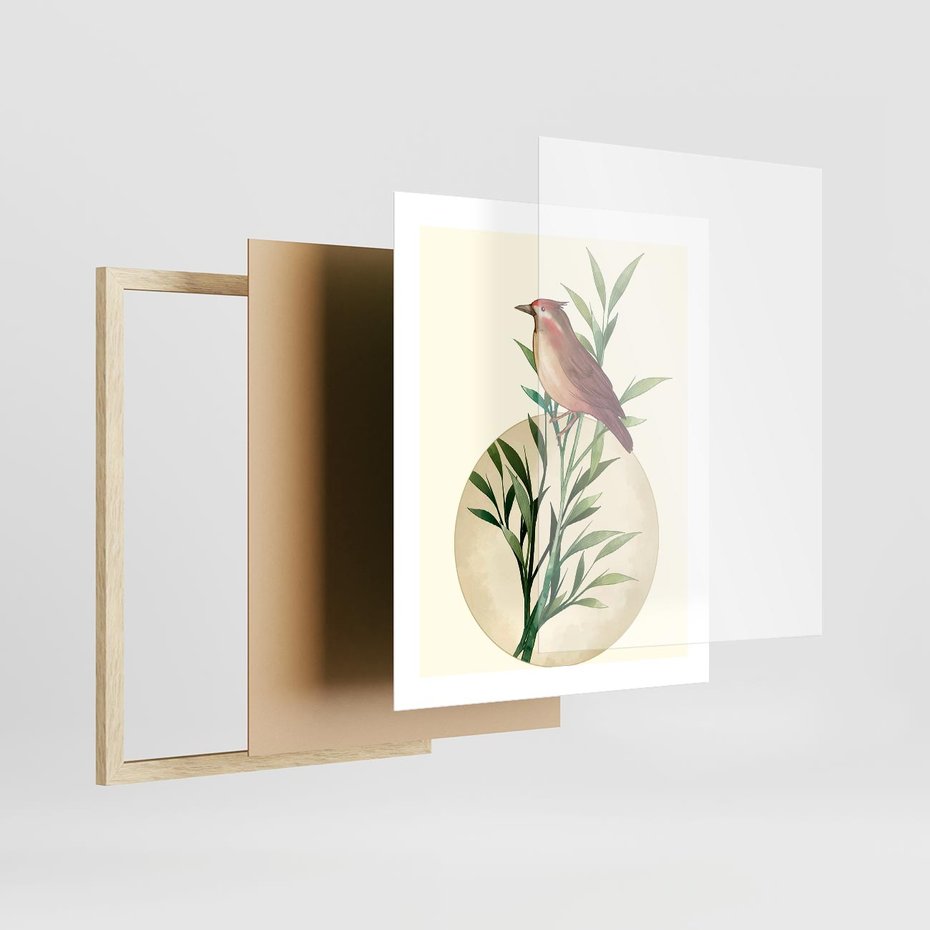 Plakat w ramie 40x50 - Rozkwitająca Delikatność - japońska sztuka, ptak - rama drewno