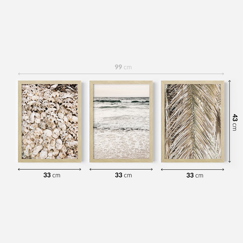 Zestaw obrazy w ramie 30x40 galeria - Plaża, boho, palmy, muszle, morze - rama drewno