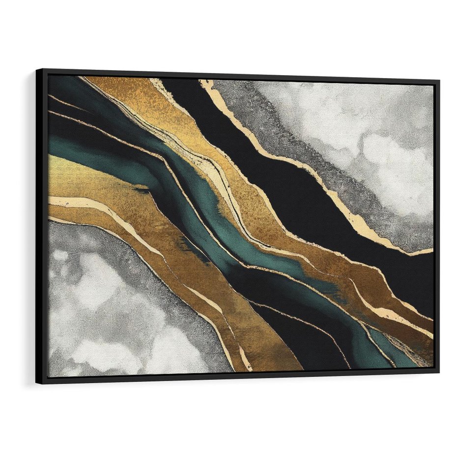 Obraz w ramie 100x70 - Refrakcje płynącej rzeczywistości - jak marmurowa rzeka, linie złota - rama czarna
