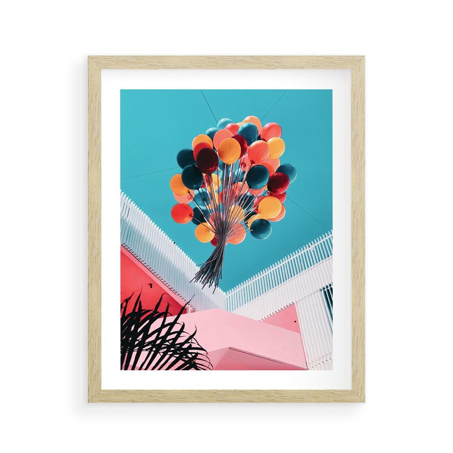 Plakat w ramie 40x50 - Kolorowe Balony Pod Niebem - kolorowe balony na tle niebieskiego nieba - rama drewno
