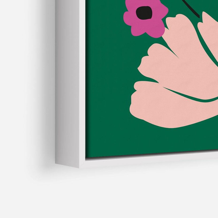 Obraz w ramie 80x80 - Rozbijające Echa - abstrakcyjne kwiaty, zielone tło - rama biała