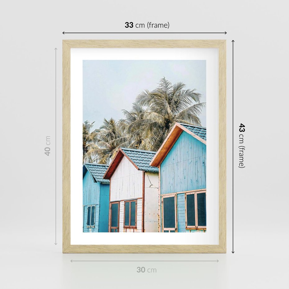 Plakat w ramie 30x40 - Rajskie Wakacje - domki na plaży, błękitne domki - rama drewno