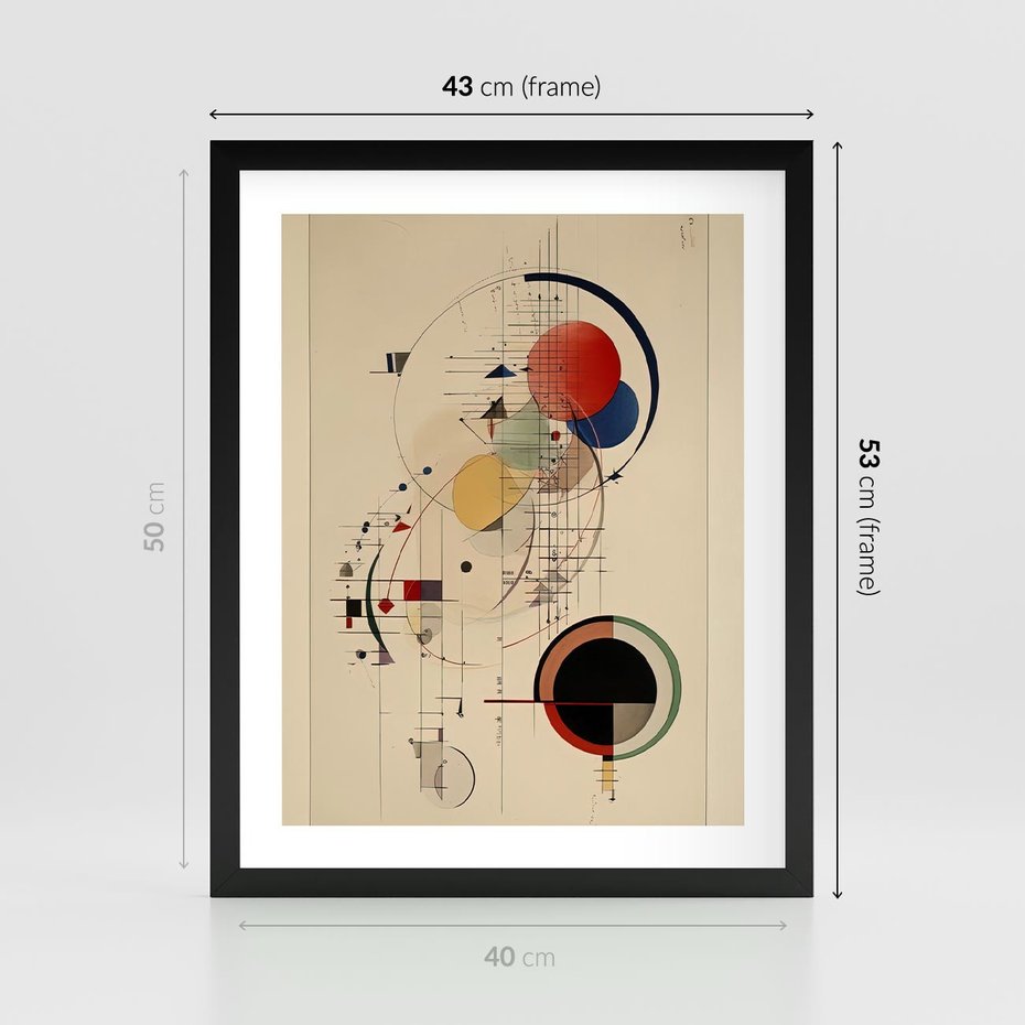 Plakat w ramie 40x50 - Impulsy Wydobyte z Cienia - abstrakcyjna geometryczna kompozycja, koła linie - rama czarna