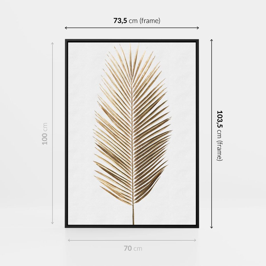Obraz w ramie 70x100 - Złoty blask palmowego liścia - złota, palma - rama czarna