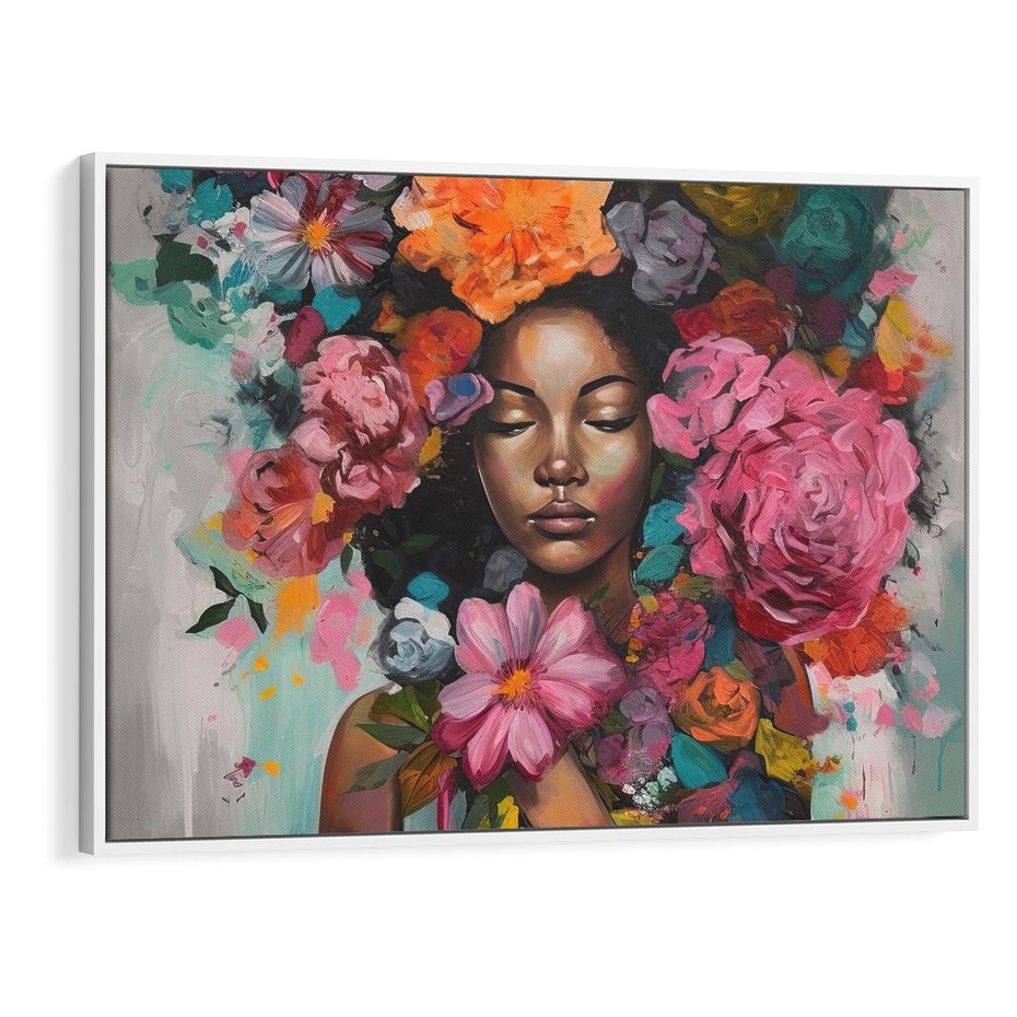 Obraz w ramie 100x70 - Z Głową w Kwiatach - obraz olejny, sztuka nowoczesna - rama biała