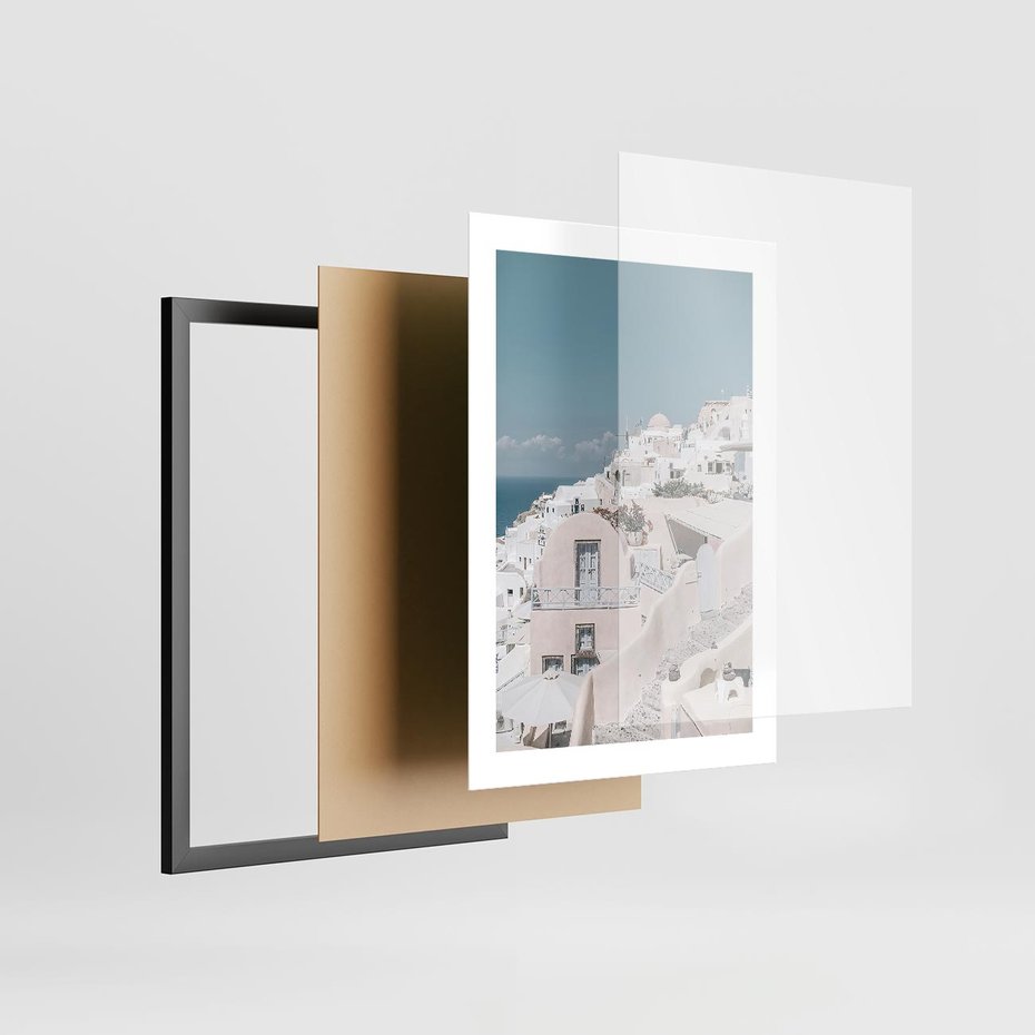 Plakat w ramie 30x40 - Śródziemnomorski Urok - zdjęcie Santorini, białe budynki - rama czarna