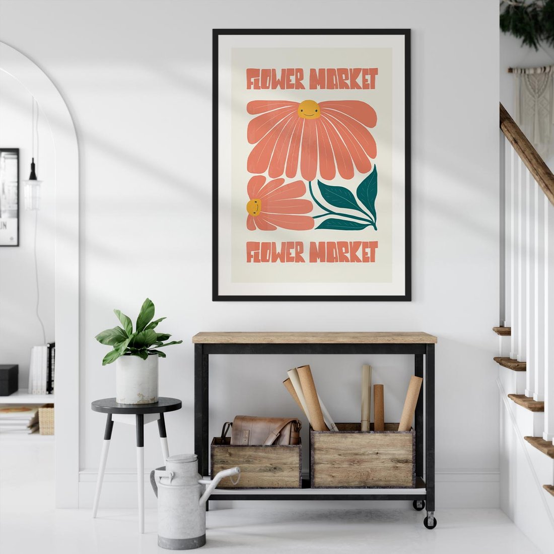 Plakat w ramie 40x50 - Retro Radość - typografia, wesołe kwiaty - rama czarna