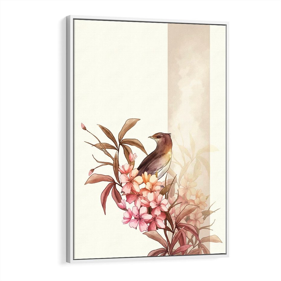 Obraz w ramie 80x120 - Kwiatowe Zanurzenie - japońska sztuka, ptak - rama biała