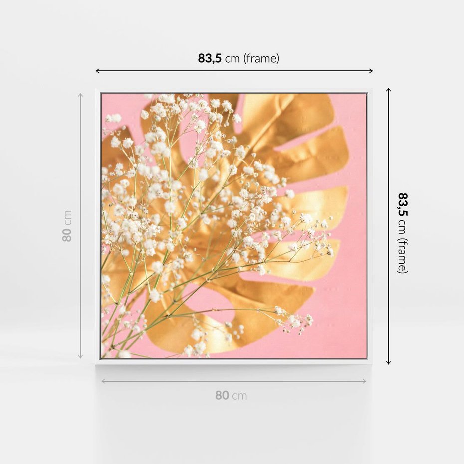Obraz w ramie 80x80 - : Elegancja w Złocie - złote, liście - rama biała
