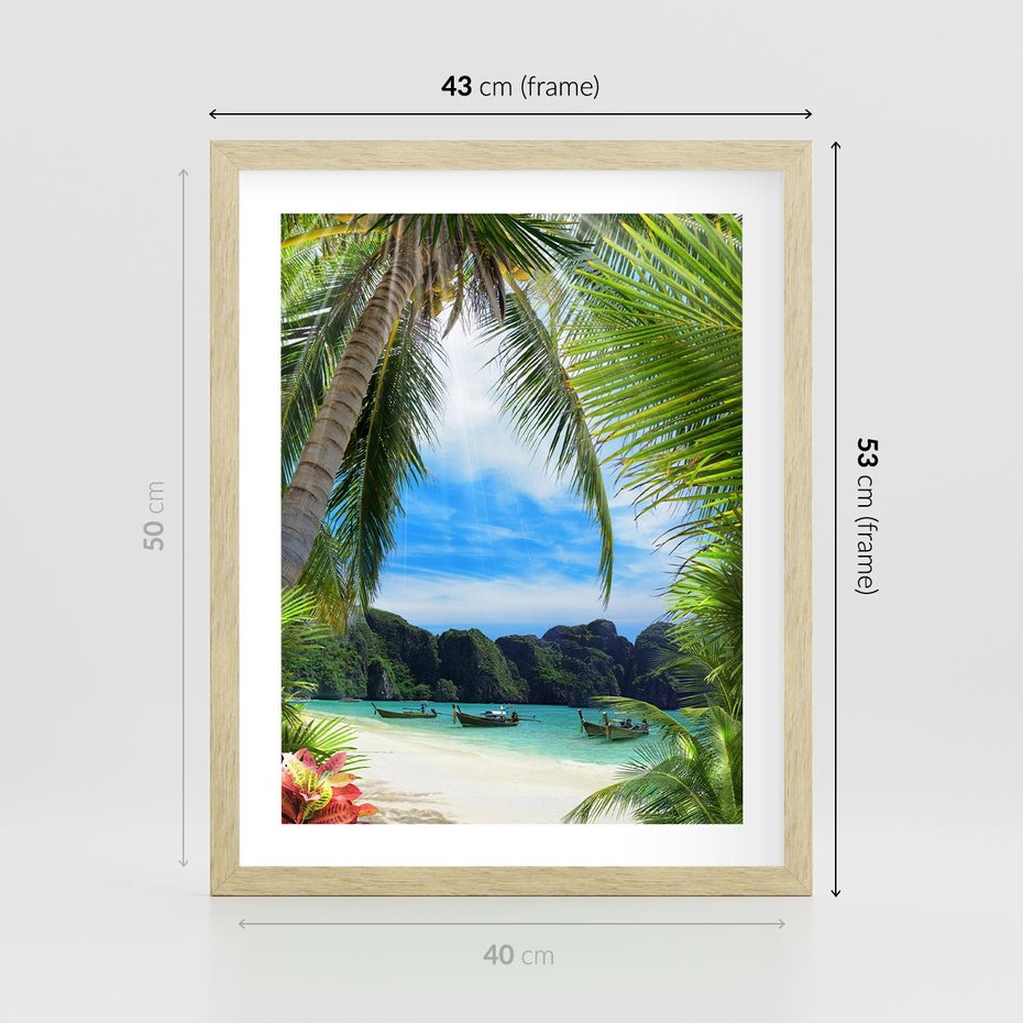 Plakat w ramie 40x50 - Palmy tańczące na tropikalnej plaży - palmy, plaża - rama drewno