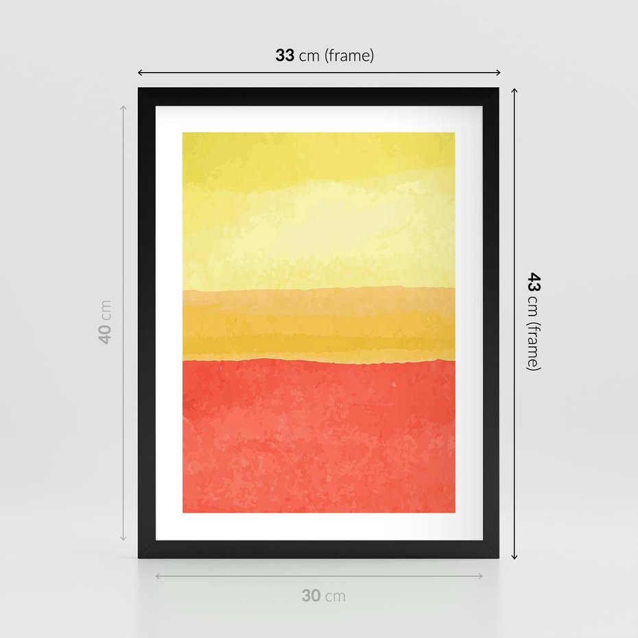 Plakat w ramie 30x40 - Rozmyte Odbicia - kolorowe akwarelowe pasy, odcienie żółci i czerwieni - rama czarna