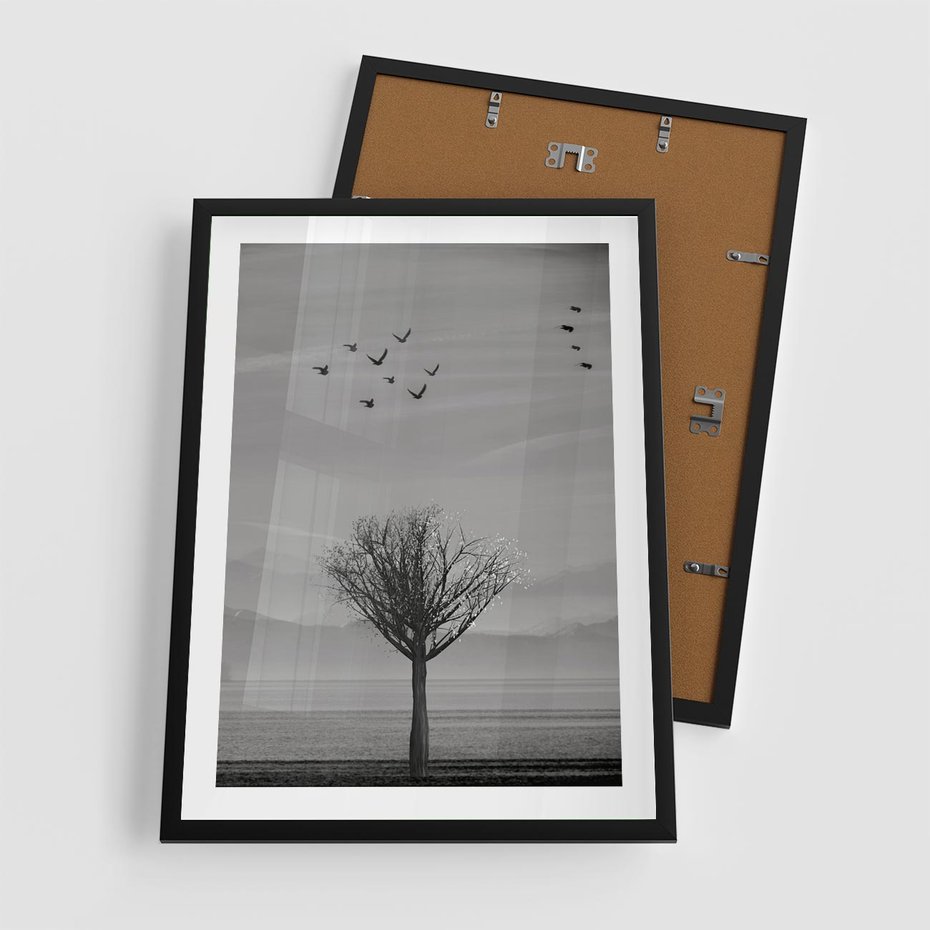 Plakat w ramie 50x70 - Samotne Drzewo - samotne drzewo w polu, czarno białe zdjęcie - rama czarna