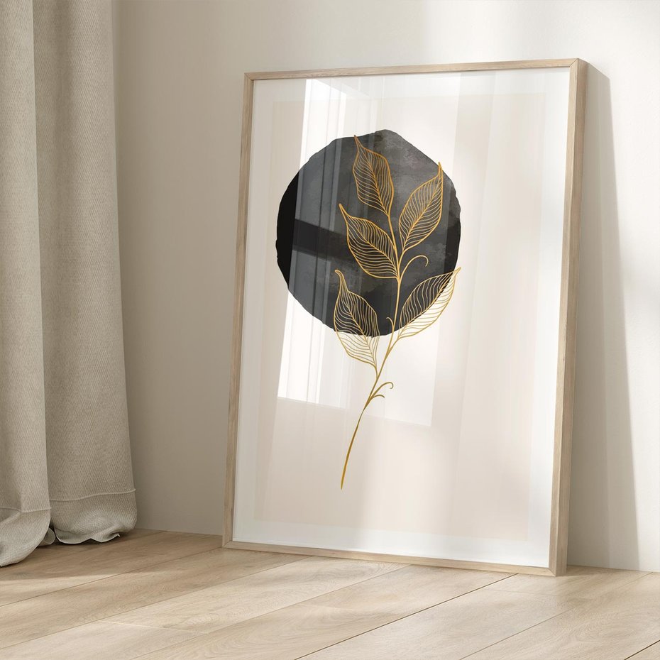 Plakat w ramie 40x50 - Złoty Liść na Czarnej Plamie - grafika, złoty liść - rama drewno