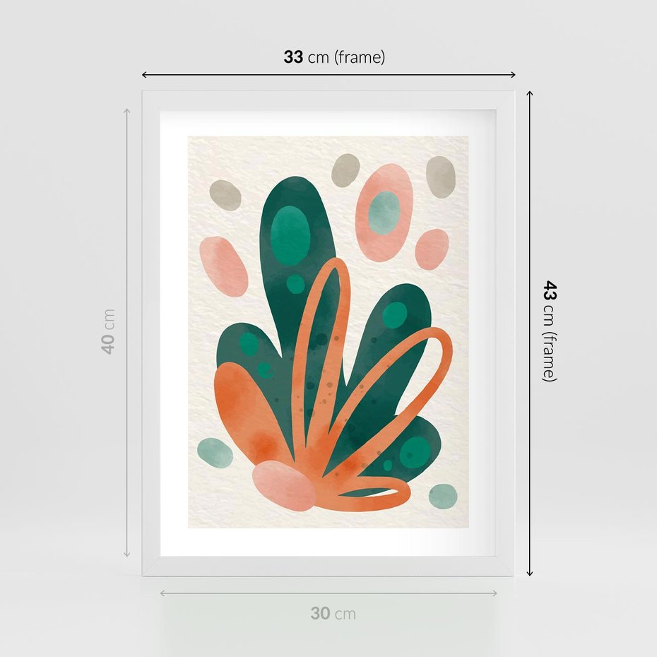 Plakat w ramie 30x40 - Harmonia bez Harmonii - akwarelowe abstrakcyjne kształty, zieleń i pomarańcz - rama biała