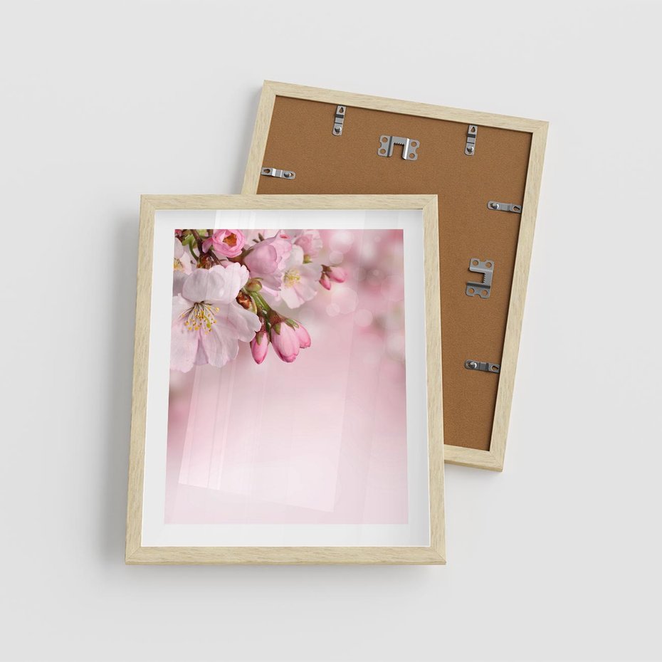 Plakat w ramie 40x50 - Kwitnąca wiśnia: delikatność natury - kwitnąca, wiśnia - rama drewno