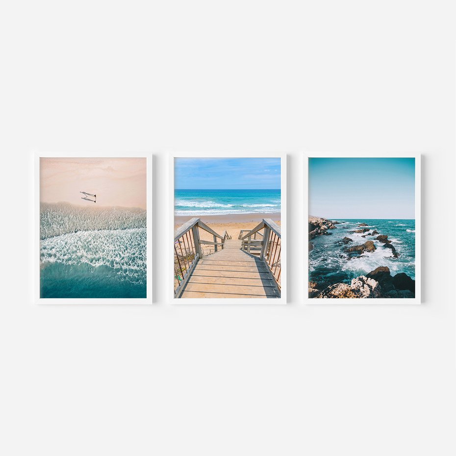 Zestaw obrazy w ramie 40x50 galeria - Plaża, morze, fale, boho - rama biała