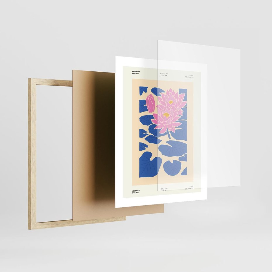 Plakat w ramie 40x50 - Rozświetlone Odbicia - lilie wodne, pastelowe kolory - rama drewno