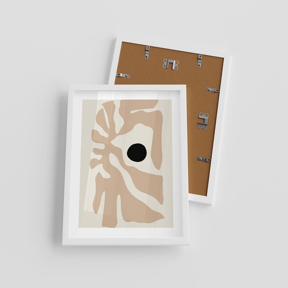 Plakat w ramie 30x40 - Eksploracja Abstrakcji - beżowa absrakcyjna kompozycja, czarny akcent - rama biała