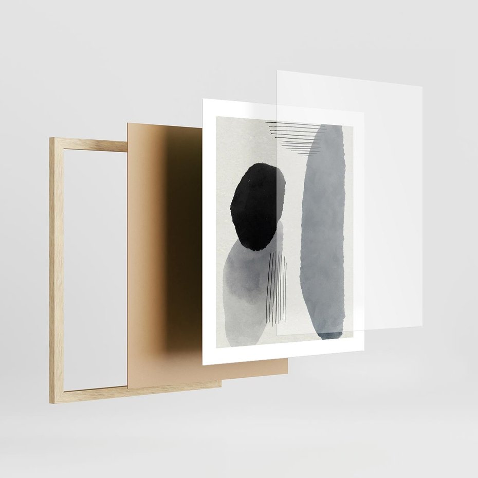 Plakat w ramie 40x50 - Abstrakcyjna Gra Szarości - abstrakcyjna grafika, akwarela - rama drewno