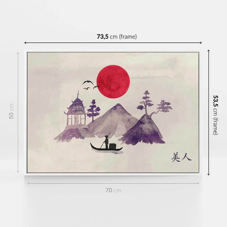 Obraz w ramie 70x50 - Odbicie Słońca - japońska sztuka, akwarela - rama biała