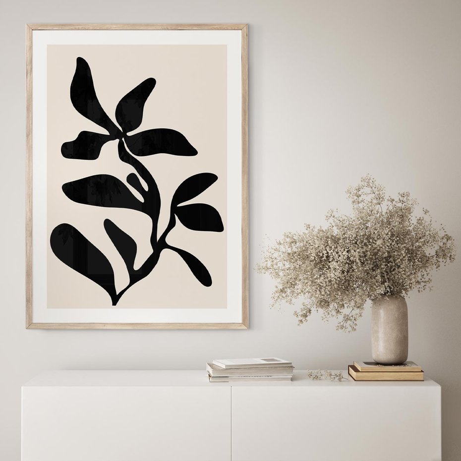 Plakat w ramie 30x40 - Wibracje Akwarelowych Ścieżek - abstrakcyjny minimalistyczna kwiat, czarno biały plakat - rama drewno