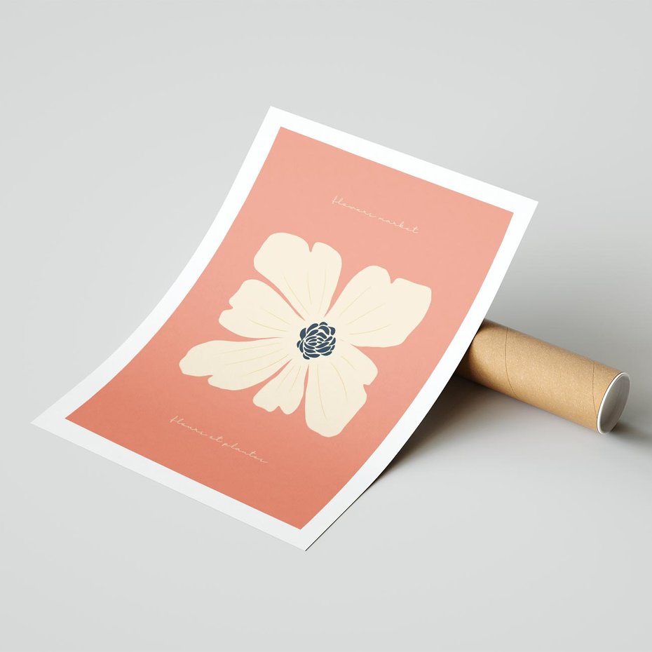 Plakat bez ramy 21x30 - Malowane Kolorowe Echa - minimalistyczna grafika, biały kwiat na różowym tle