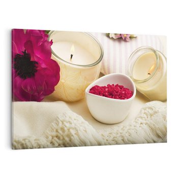 Obraz na płótnie 120x80 - Relaksujący moment: świeczki i kwiaty w SPA - świeczki, kwiat