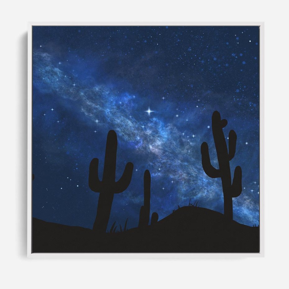 Obraz w ramie 80x80 - Nocne Tajemnice Pustyni - gwieździsta noc, granatowe niebo - rama biała