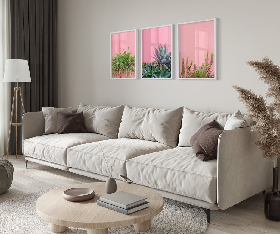 Zestaw obrazy w ramie 50x70 galeria - Liście, kaktusy, rośliny, pastele, retro - rama biała