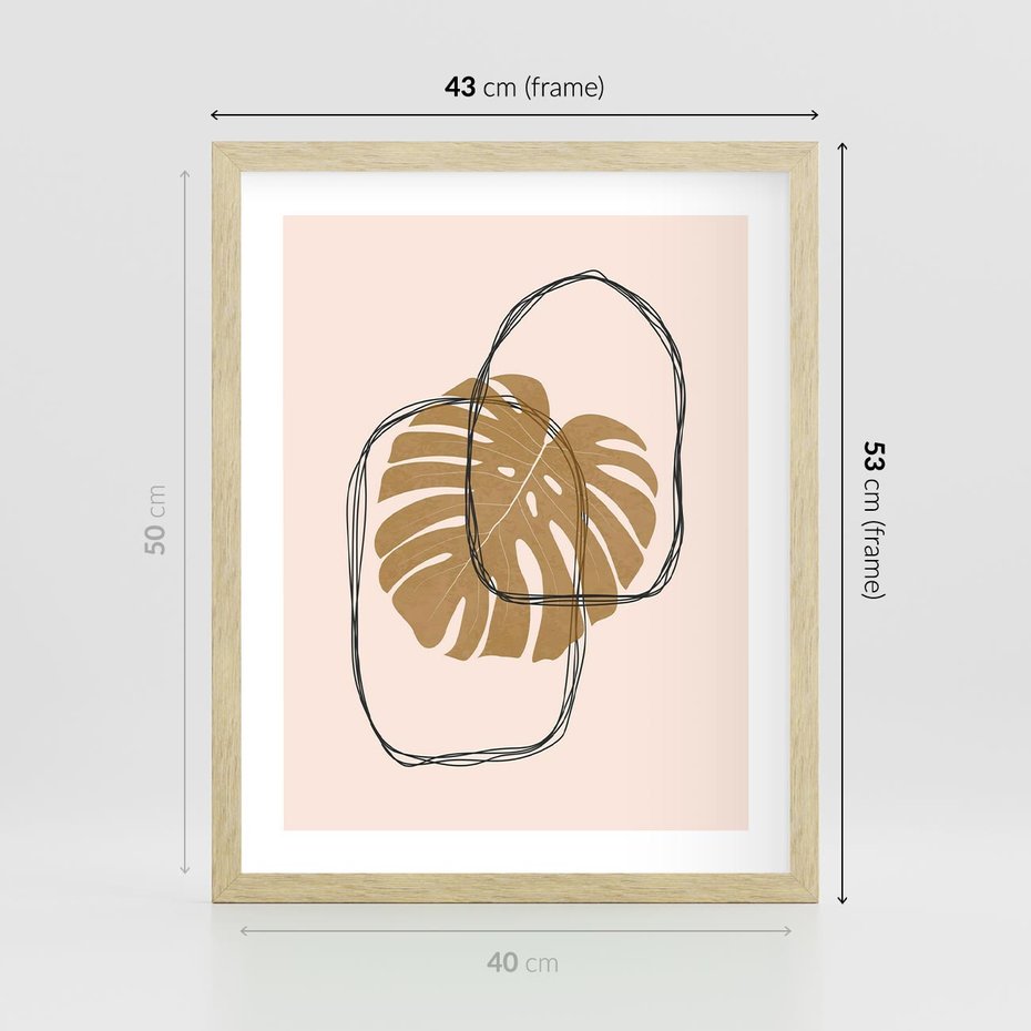 Plakat w ramie 40x50 - Liście w Beżowym Minimalizmie - minimalistyczny obraz, liście monstery - rama drewno