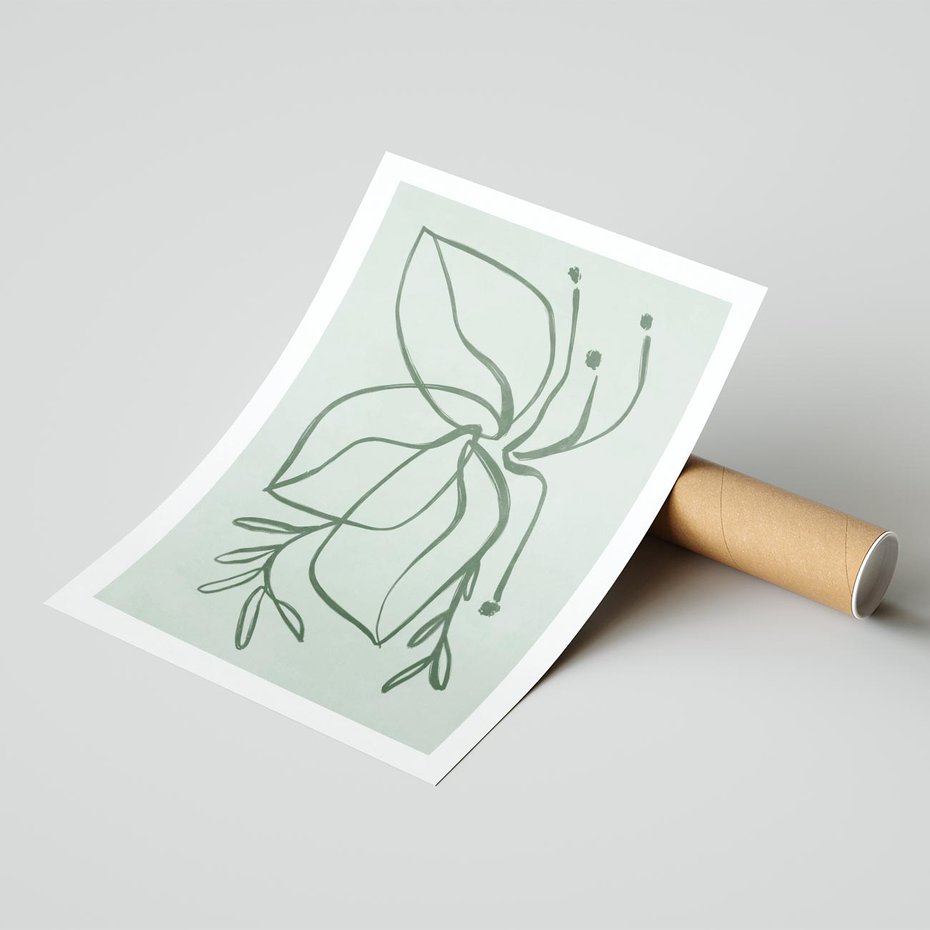 Plakat bez ramy 21x30 - Energetyczne Odrodzenie Natury - abstrakcyjne delikatne zielone linie, podobne do gałęzi kwiatów
