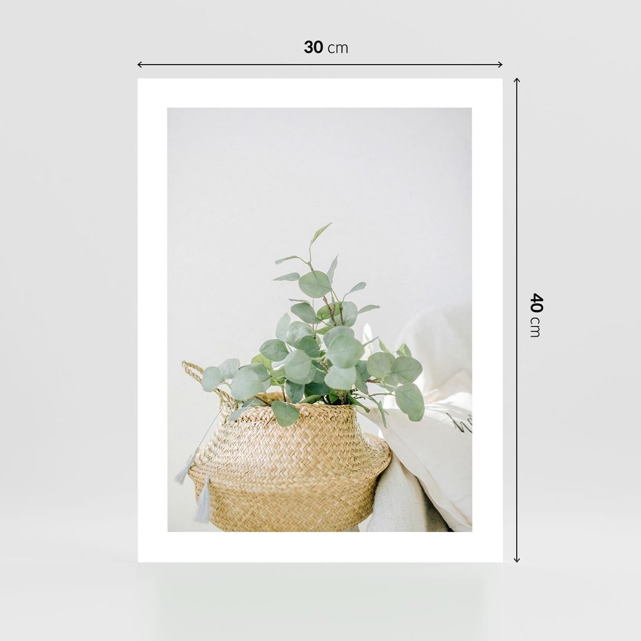 Plakat bez ramy 30x40 - Eukaliptusowa Świeżość - eukaliptus, liście w koszu z wikliny