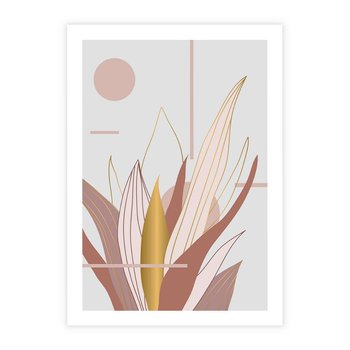 Plakat bez ramy 21x30 - Złota Grafika Liści: Wyjątkowa Dekoracja - liście, złoto