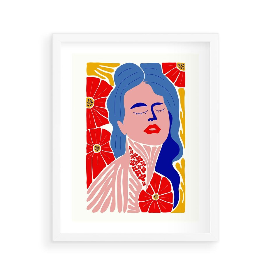 Plakat w ramie 40x50 - Nowoczesna Twarz - nowoczesna grafika, kolorowa twarz kobiety - rama biała
