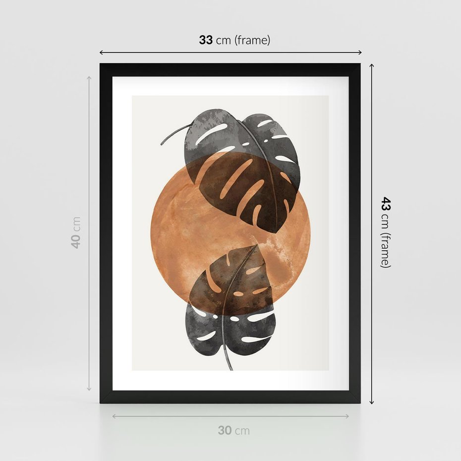 Plakat w ramie 30x40 - Elegancja w Detalach: Miedziane Koło z Monsterą - grafika, miedziane koło - rama czarna