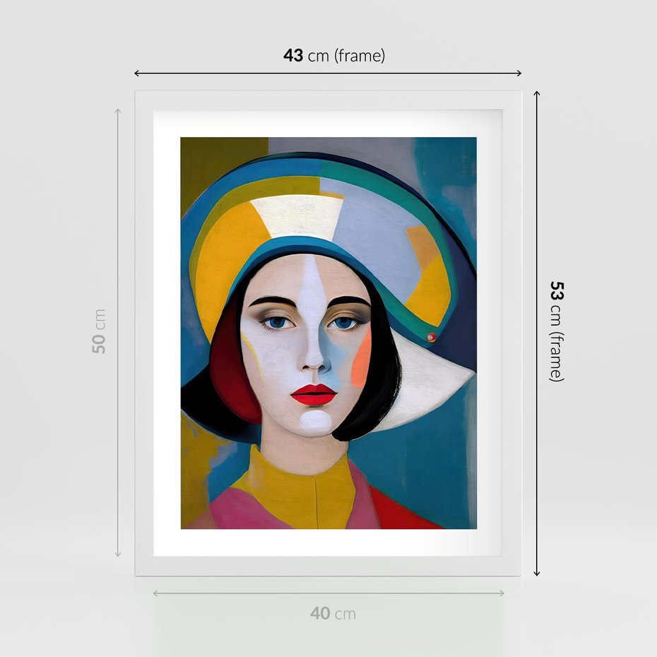 Plakat w ramie 40x50 - Kształtujące Widzenia - abstrakcyjny obraz olejny, portret twarzy kobiety - rama biała