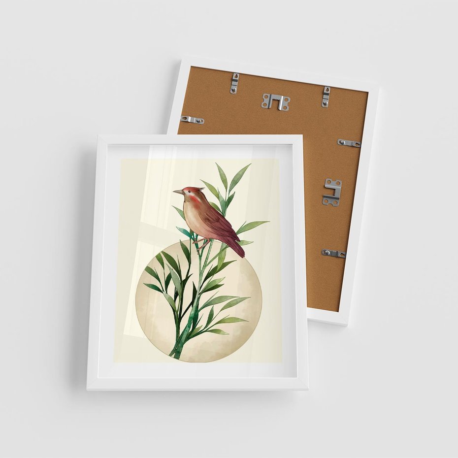 Plakat w ramie 40x50 - Rozkwitająca Delikatność - japońska sztuka, ptak - rama biała